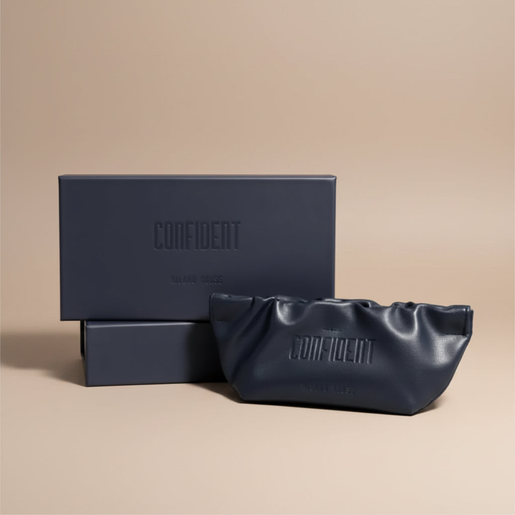 CONFIDENT navy sunglasses case with branded presentation box
