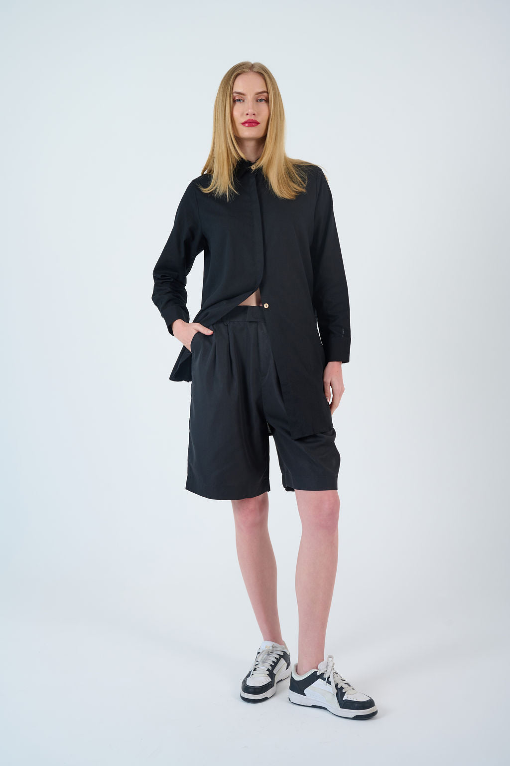 short set
tailored short set
women two piece set
knee length shorts
coordinated outfit
black short set
hot pink short set
confident women