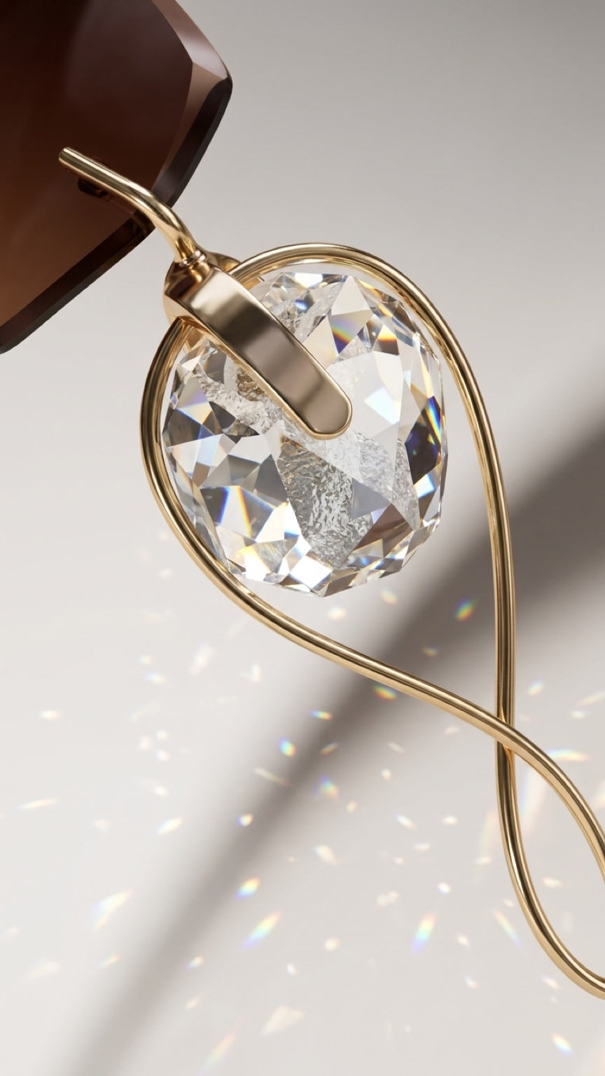 A close-up of a gold-toned earring with a large clear faceted crystal pendant, shown against a soft light gray background with subtle light reflections.
