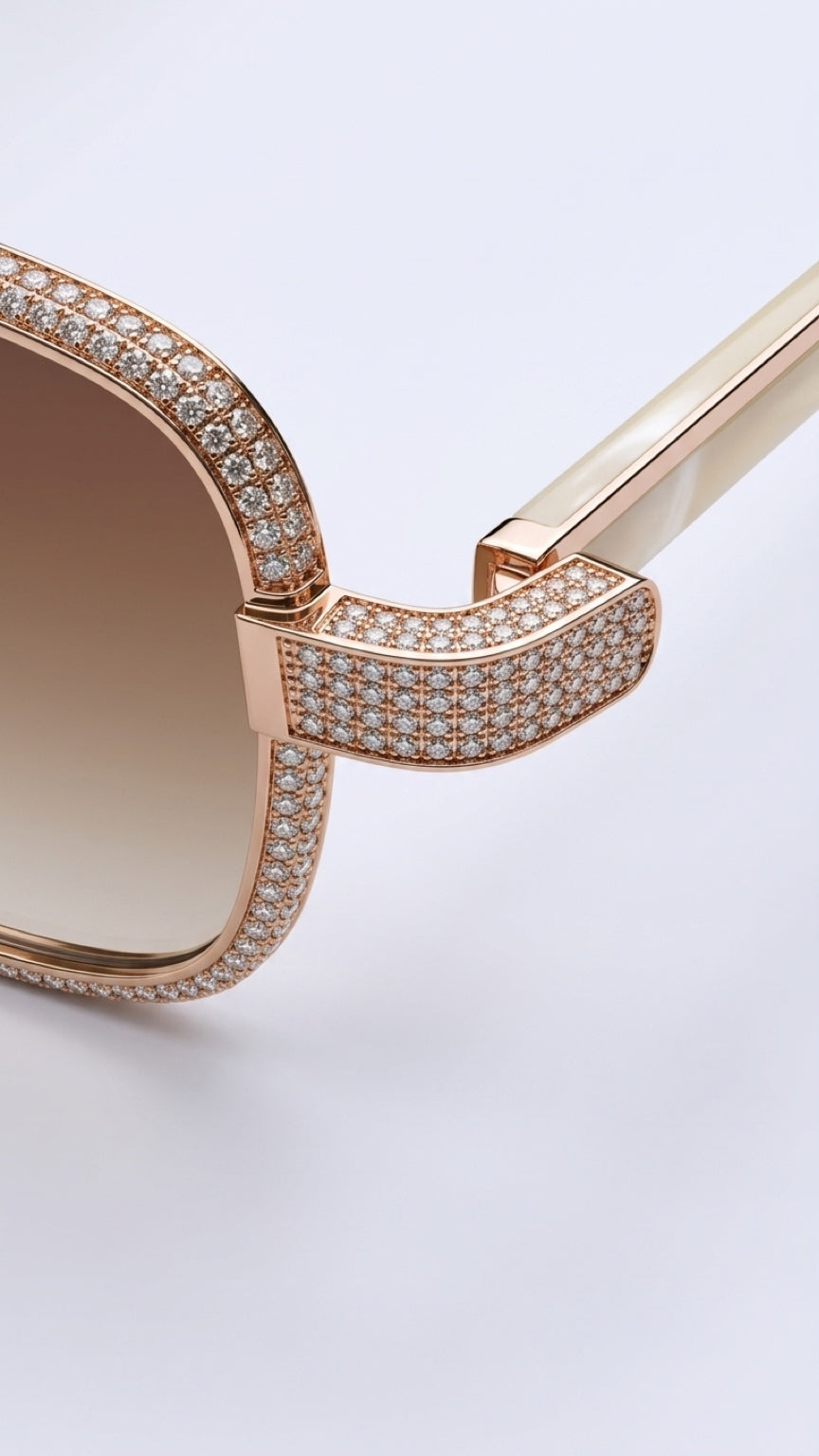 Close-up of a pair of oversized square sunglasses with rose gold metal frames heavily embellished with clear pavé stones, featuring a gradient brown lens and a cream-colored temple arm.