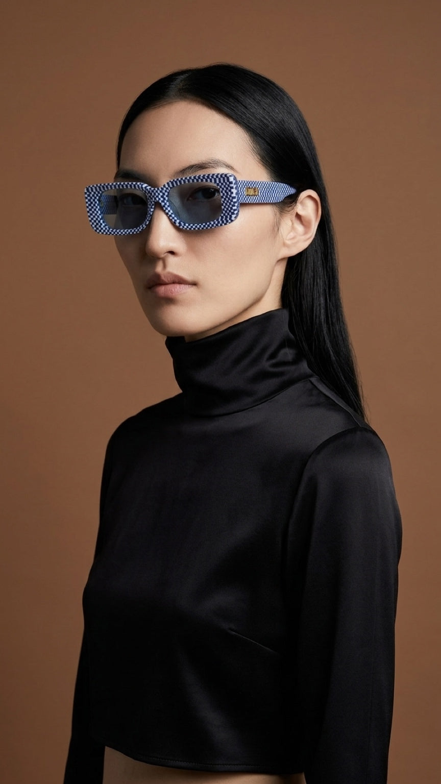 CONFIDENT CONFILVARO Blue Checkered-Effect Rectangle Sunglasses