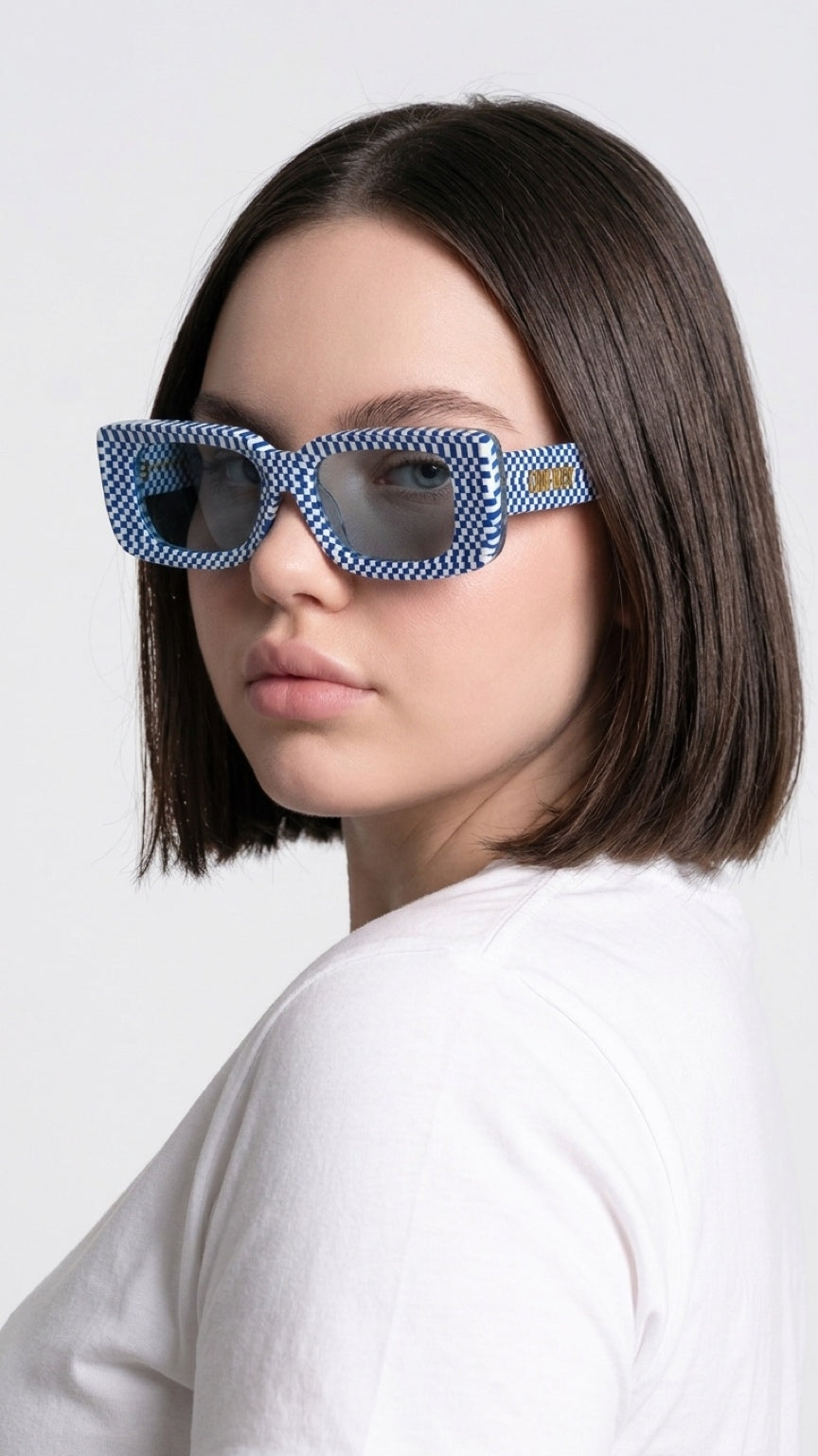 CONFIDENT CONFILVARO Blue Checkered-Effect Rectangle Sunglasses