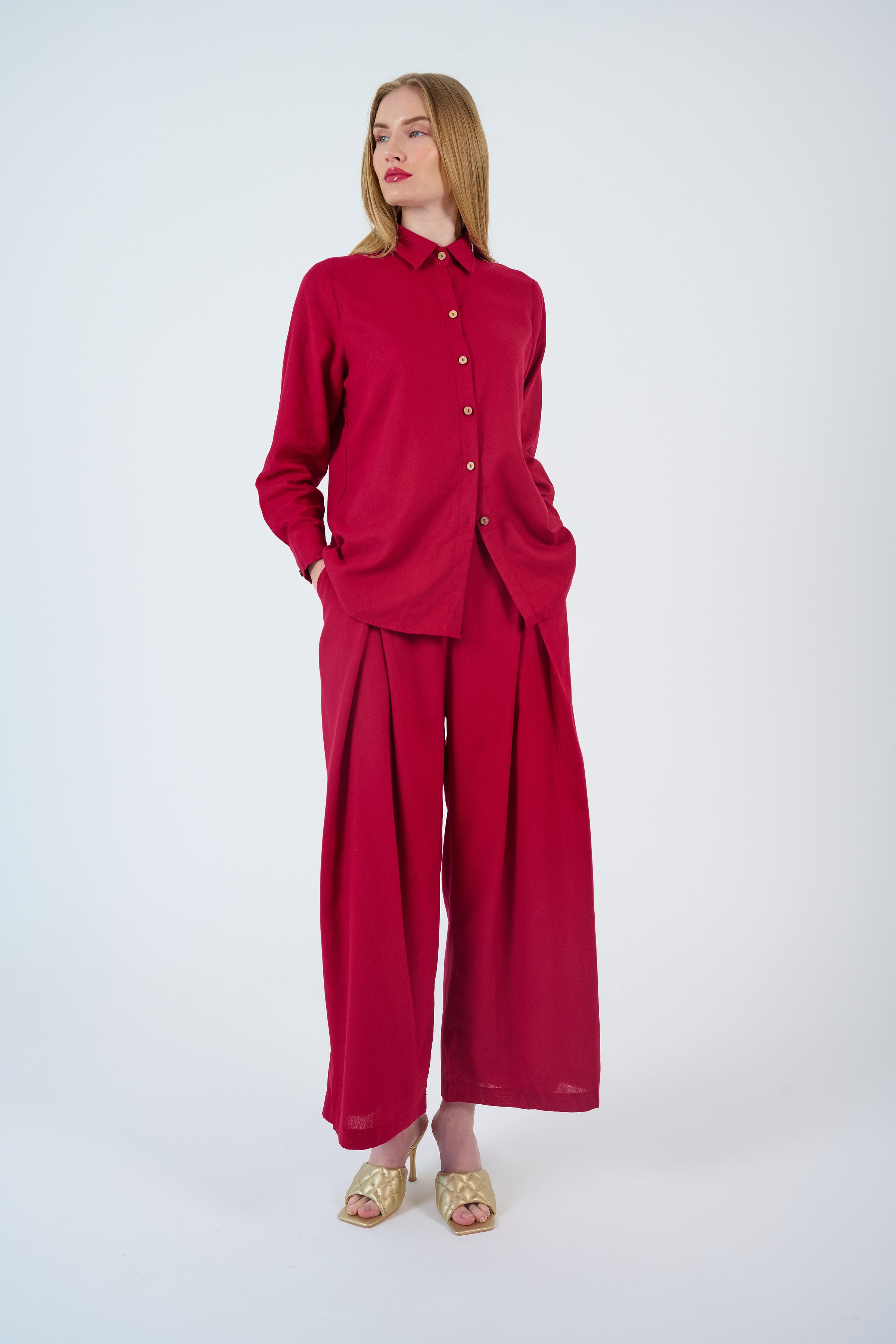 CONFIDENT women’s linen tailored sets designed for modern elegant everyday wear burgundy color