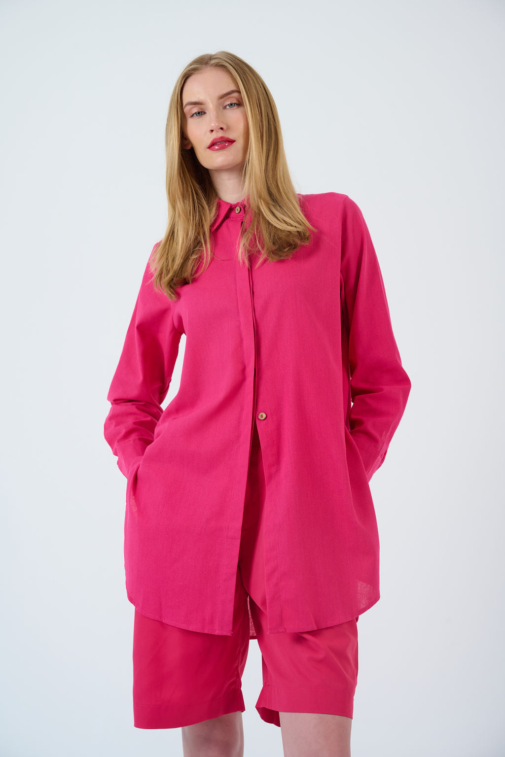 Bold hot pink tailored short set designed for statement styling