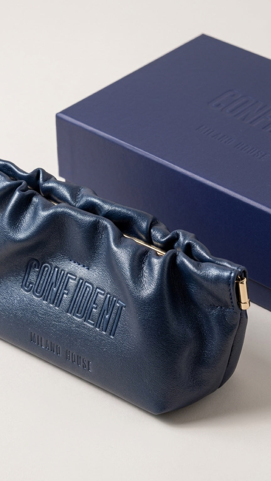 CONFIDENT navy sunglasses case with branded presentation box
