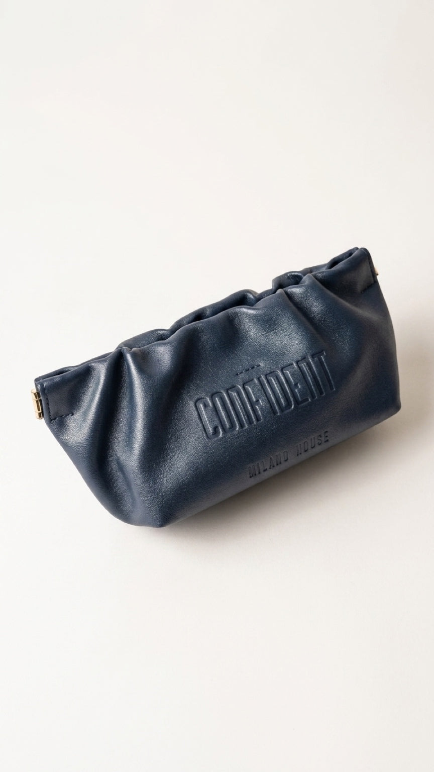 CONFIDENT navy leather sunglasses case with embossed logo