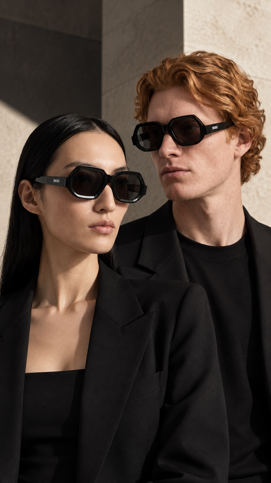 Male and female models wearing CONFILVARO black geometric sunglasses in a luxury fashion campaign
