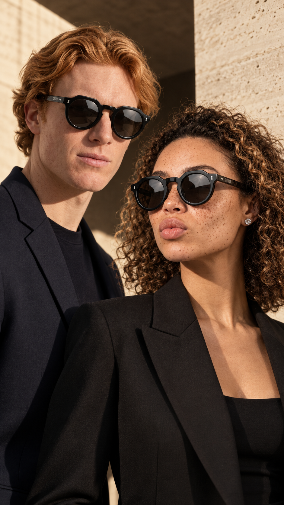 Two models wearing CONFILVARO Black Round Sunglasses
 sunglasses and black blazers, standing outdoors against a textured beige stone wall.