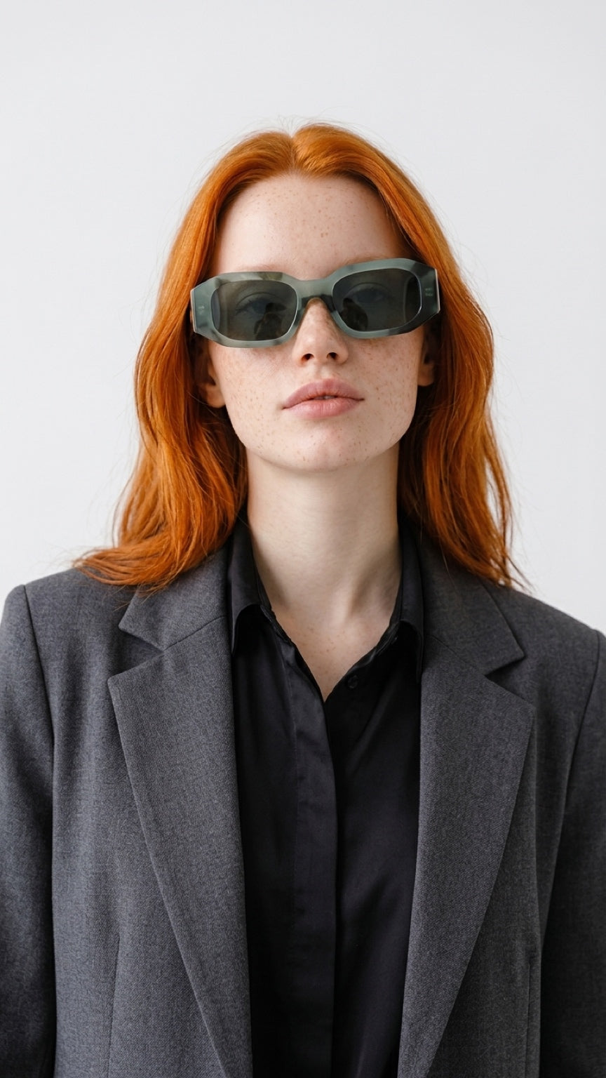 A model with vibrant red hair wearing dark green-tinted rectangular sunglasses, a black shirt, and a gray blazer, photographed against a clean light gray background.