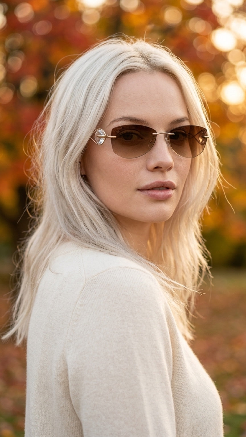 A woman with platinum blonde hair wearing slim aviator-style sunglasses with gold-toned metal frames and brown lenses, set against a warm, blurred autumn background.