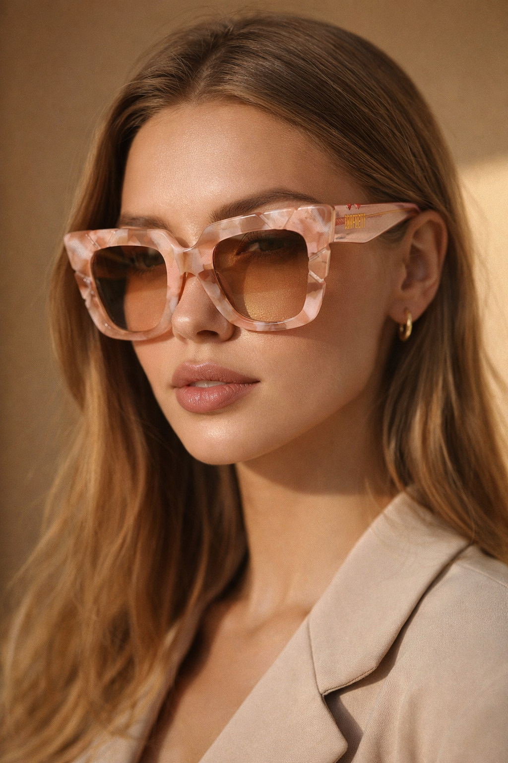 Woman wearing CONILVARO pink tortoiseshell-effect square sunglasses with brown gradient lenses