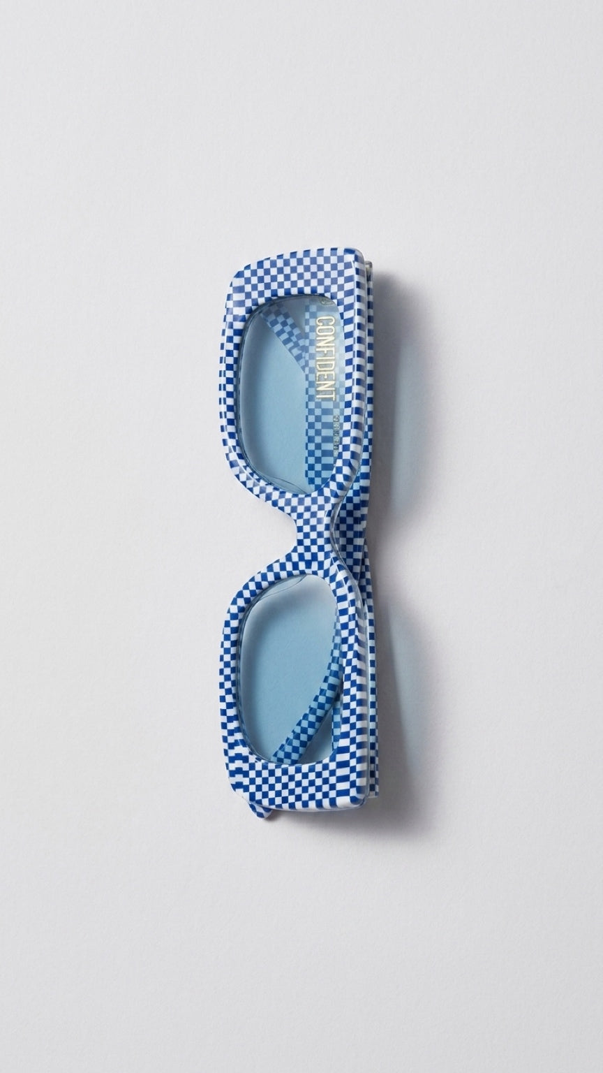 CONFIDENT CONFILVARO Blue Checkered-Effect Rectangle Sunglasses