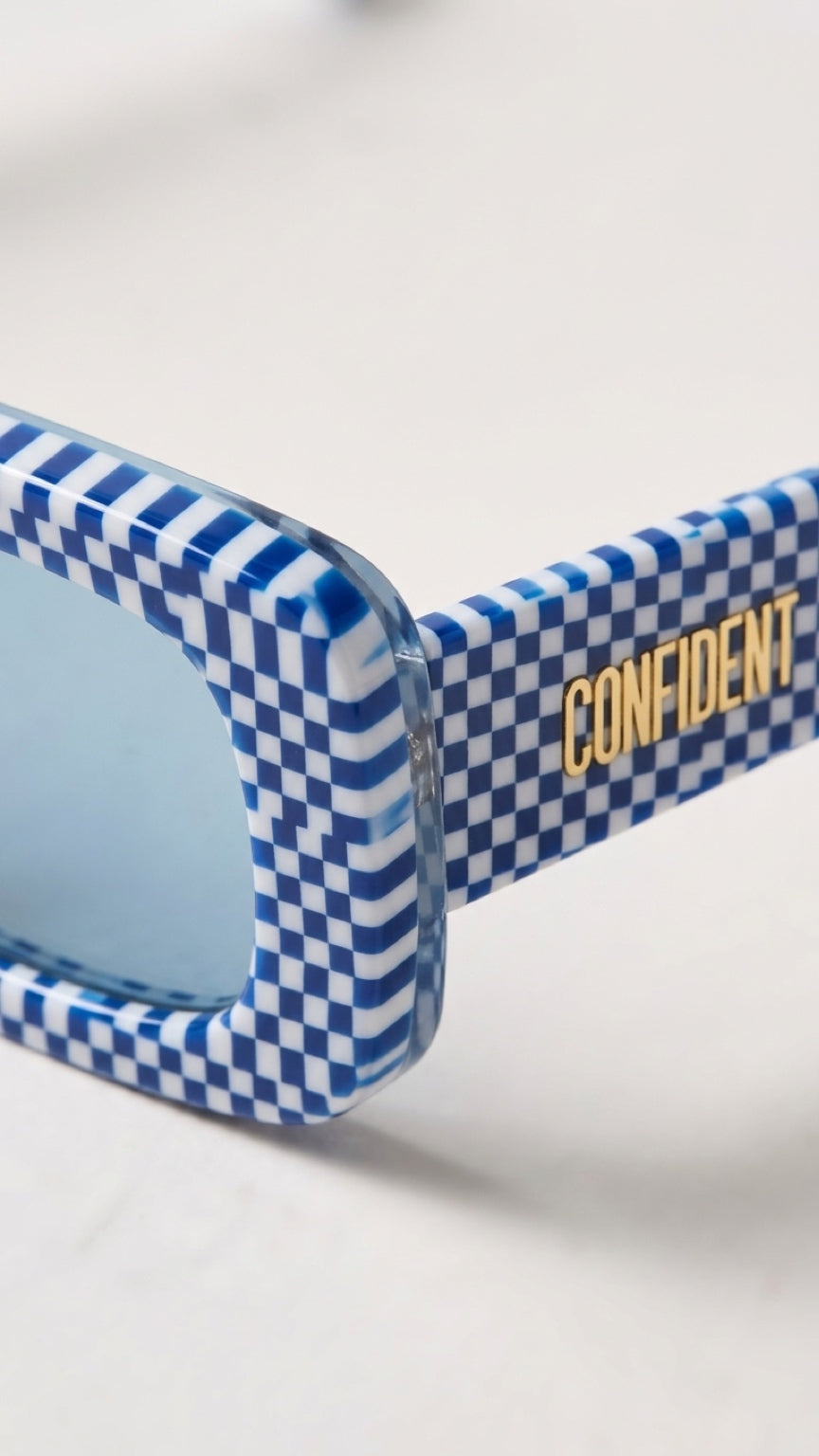 CONFIDENT CONFILVARO Blue Checkered-Effect Rectangle Sunglasses