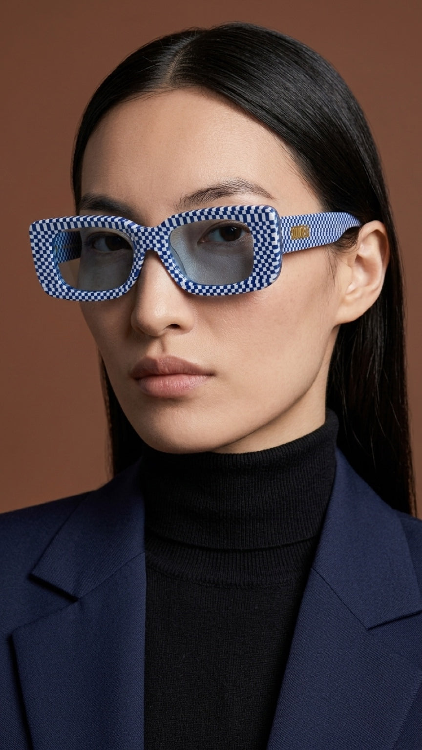 CONFIDENT CONFILVARO Blue Checkered-Effect Rectangle Sunglasses