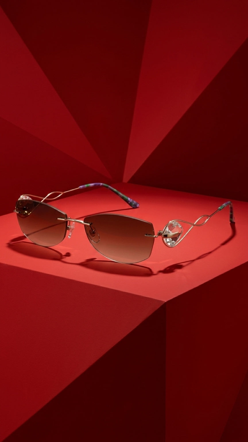A pair of rimless sunglasses with gold metal frames, brown gradient lenses, and a clear crystal embellishment on the right temple, displayed on a red geometric platform.