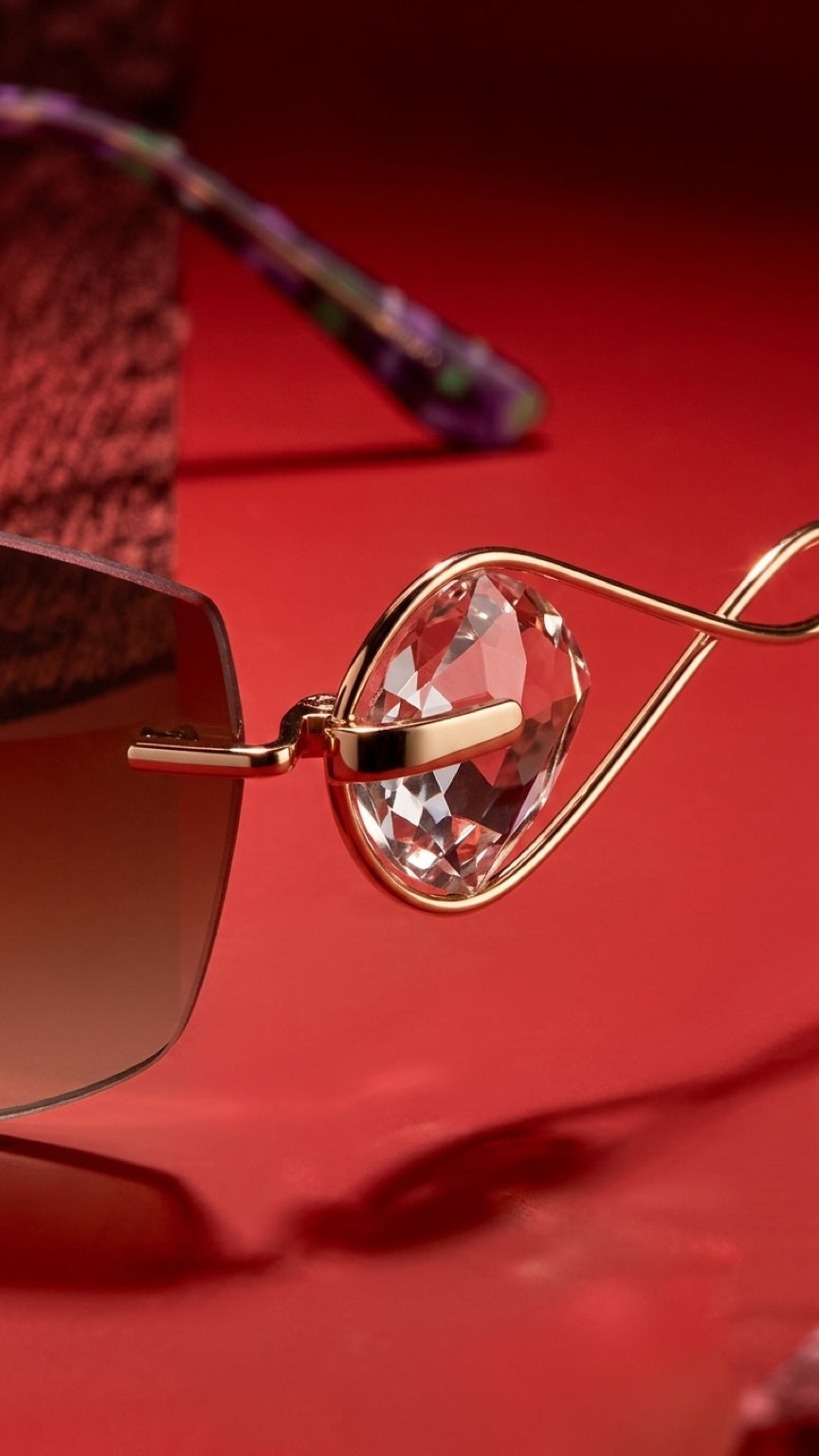 Close-up of a pair of sunglasses with a gold metal frame, a large faceted clear rhinestone on the hinge, and tinted lenses, set against a red background.