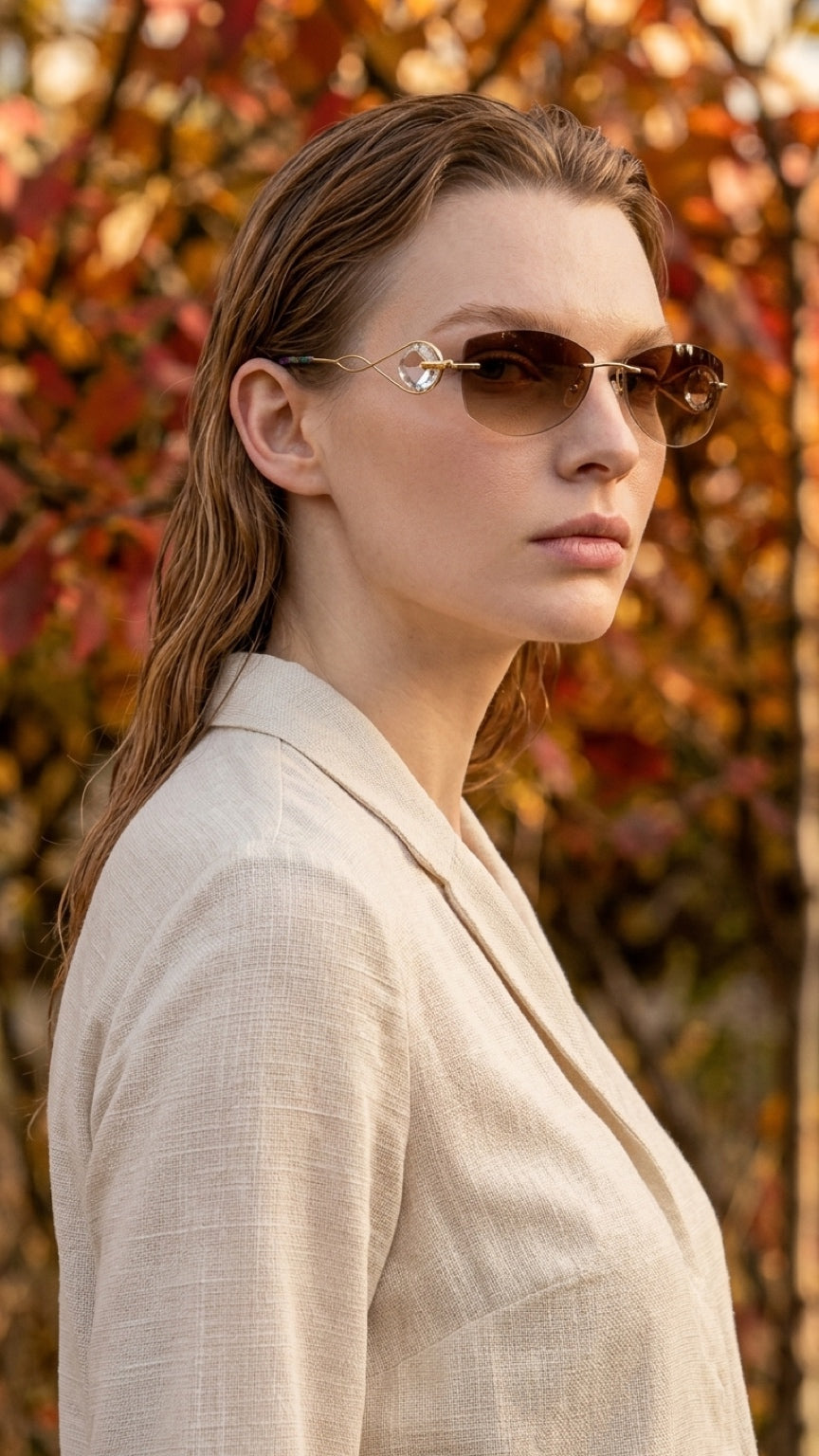A woman in profile wearing thin metal-framed sunglasses with brown tinted lenses and a light beige linen blazer, set against a blurred background of autumn foliage.