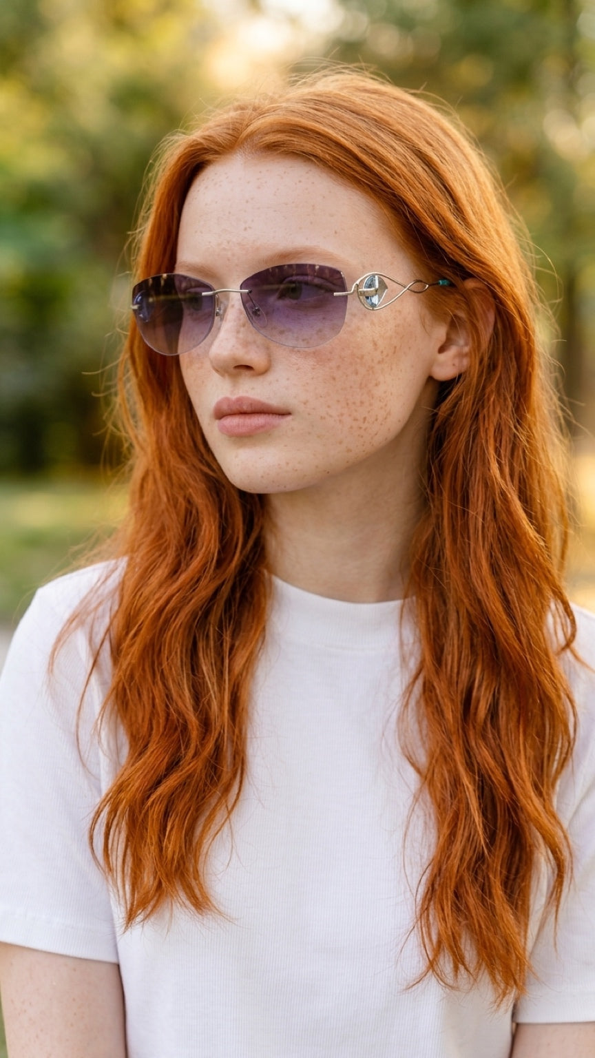 A close-up portrait of a woman with long red hair and freckles wearing rimless sunglasses with a geometric metal frame and purple-tinted lenses, set against a blurred outdoor background.