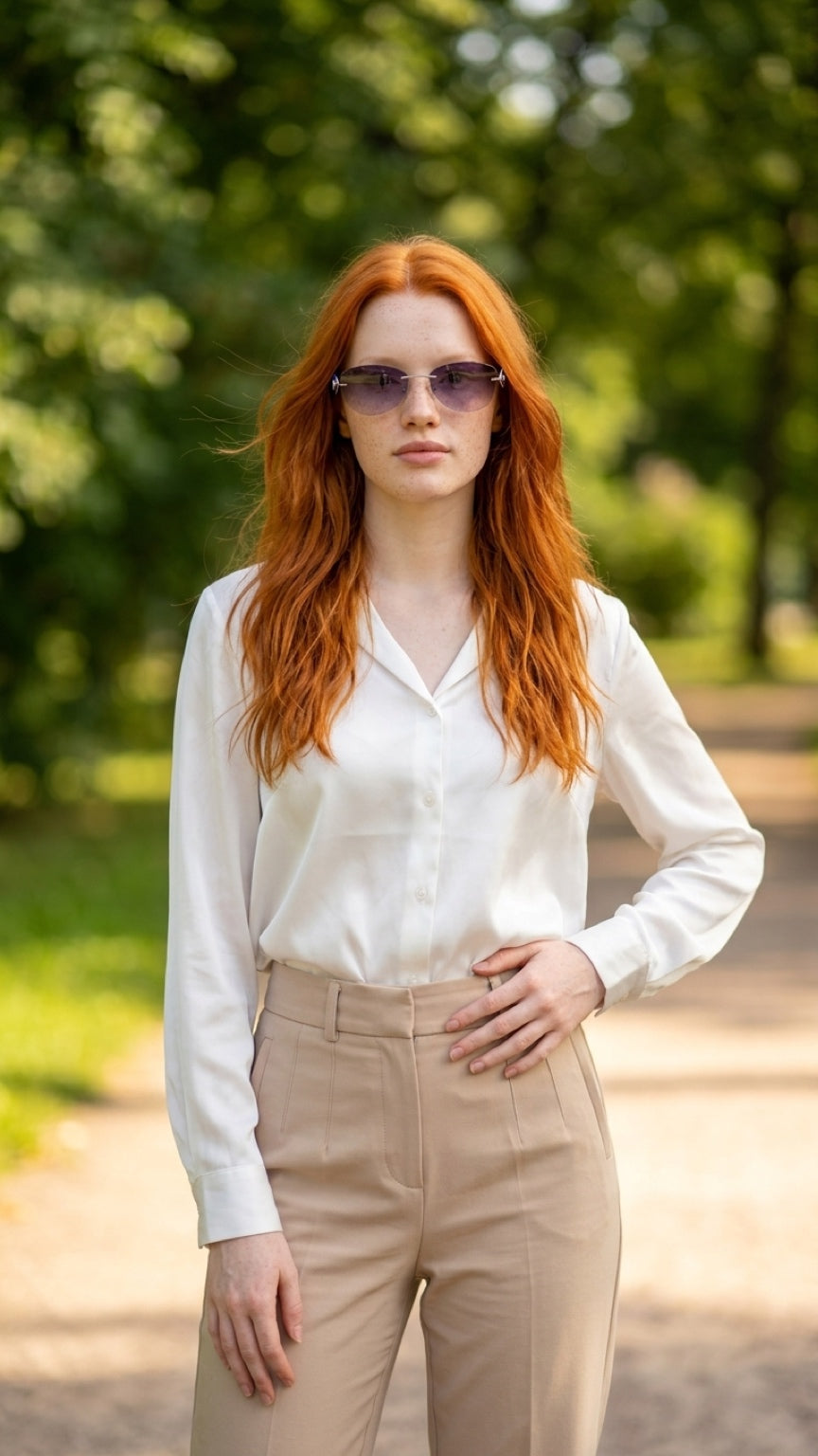 A woman with long red hair wearing a white long-sleeve button-up shirt and beige trousers, standing outdoors on a sunlit path with blurred green trees in the background.