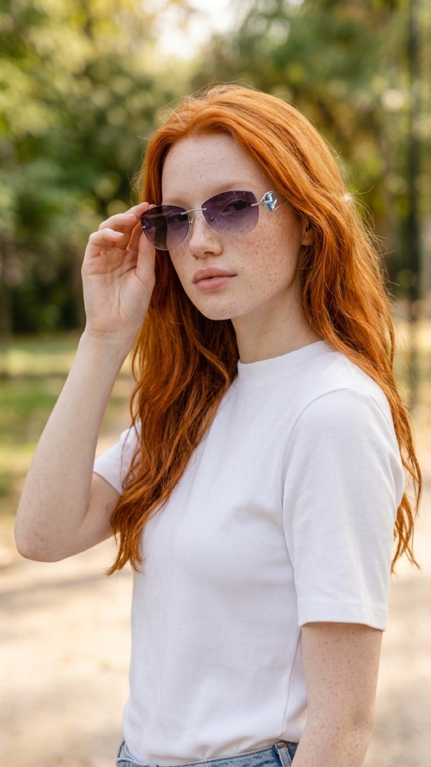 A woman with long red hair wearing a white t-shirt and light blue jeans, holding her sunglasses on her face in an outdoor park setting.