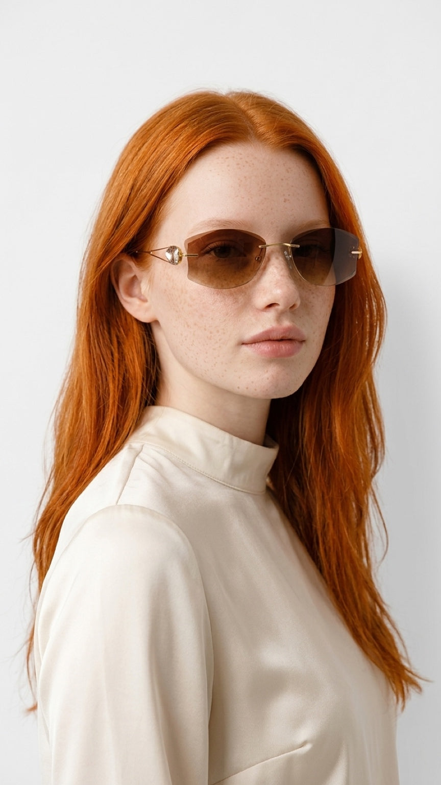 A woman with long red hair wearing slim aviator-style sunglasses with gold metal frames and brown tinted lenses, paired with a cream satin mock-neck top, set against a plain light gray background.