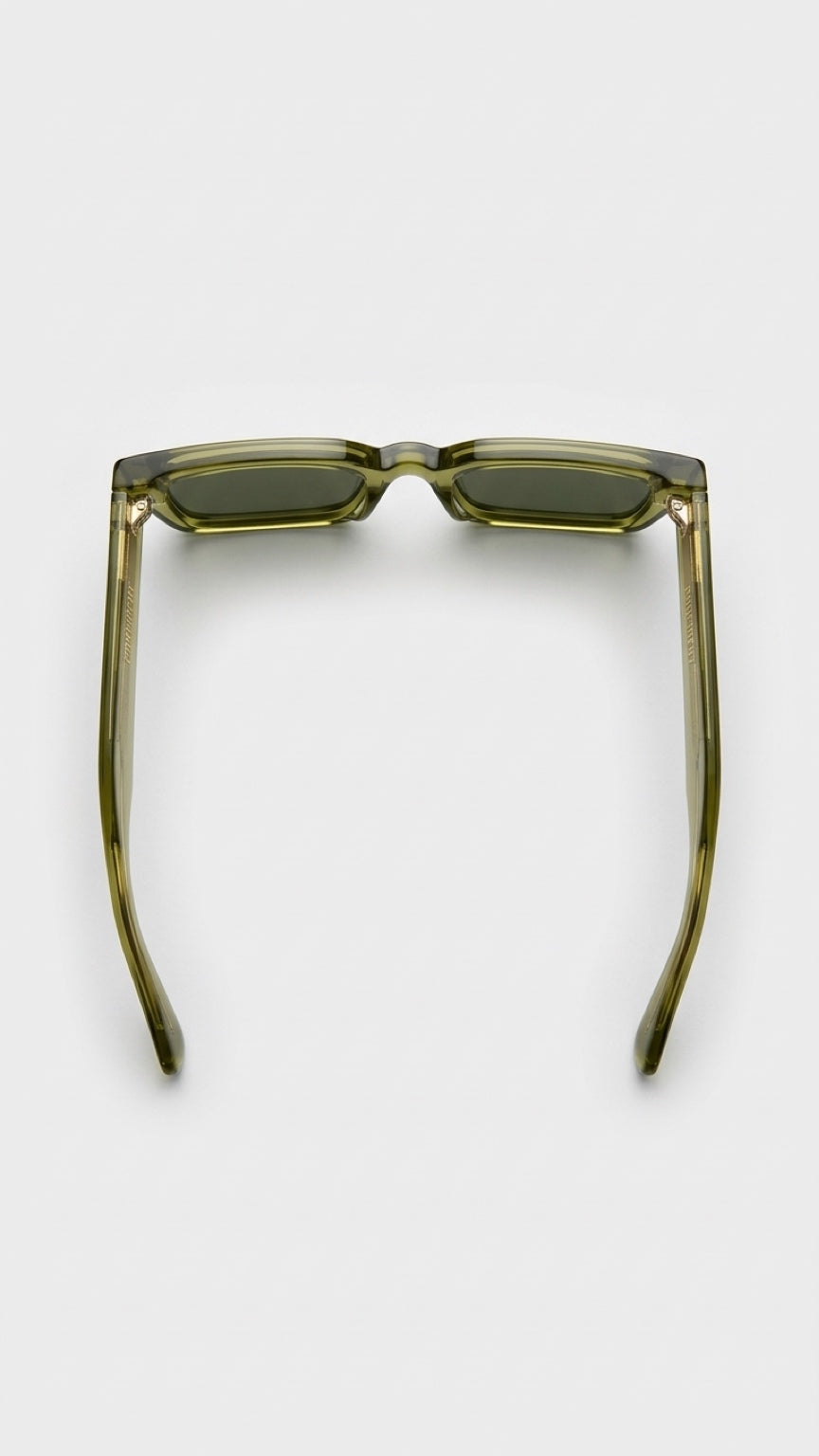 Olive green acetate square sunglasses with dark green lenses, shown from the front on a light gray background.