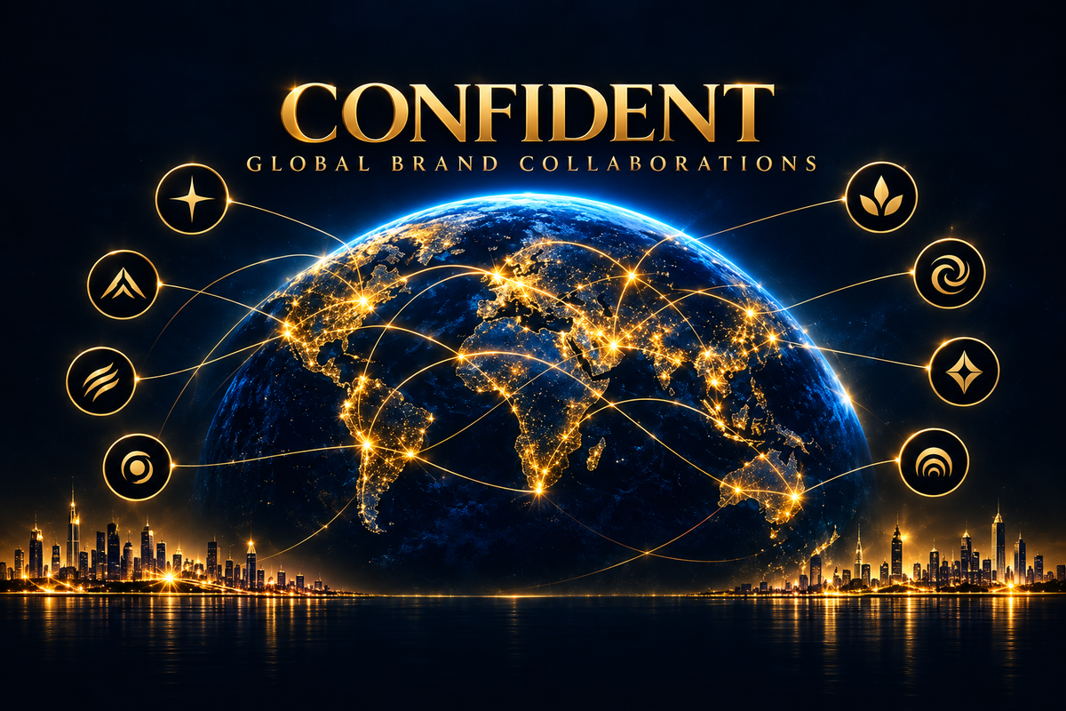 Black-and-gold CONFIDENT global collaboration artwork adapted for website framing
