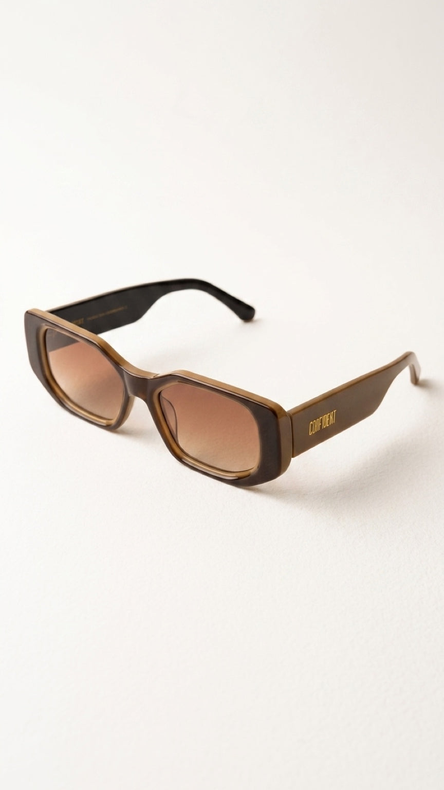 Angled front view of CONFILVARO brown tortoiseshell-effect sunglasses with dark brown lenses